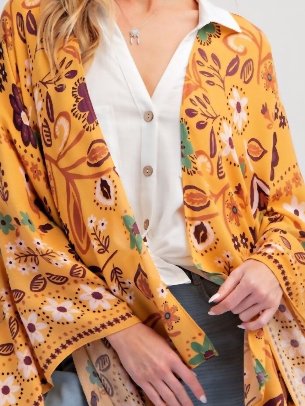 Easel Mustard Floral Printed Crepon Kimono  - NWT - Picture 3 of 4